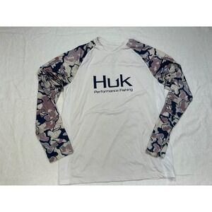 Huk Performance Fishing Long Sleeve Rash Guard Shirt Men's Size‎ M White Camo